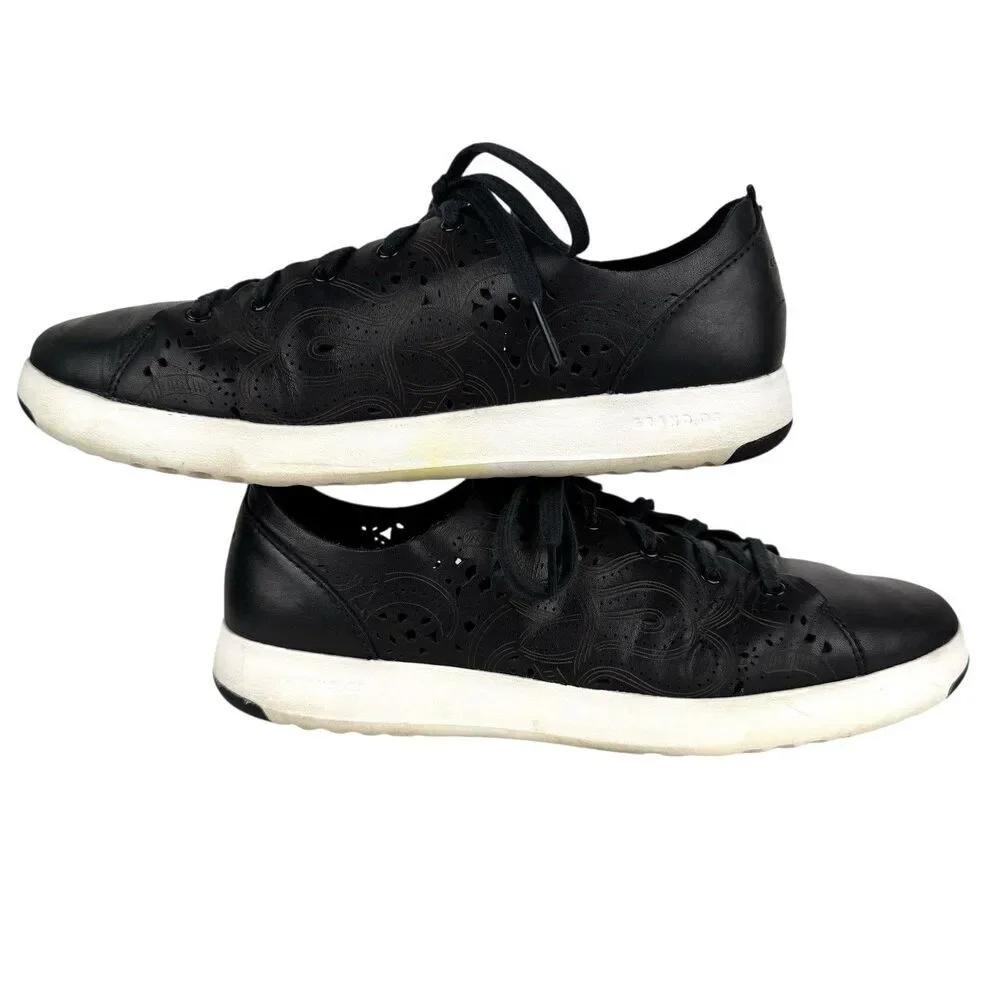 Cole Haan Women Leather Laser Cut Grand Pro Tennis Shoes 9B Black Preppy Comfort